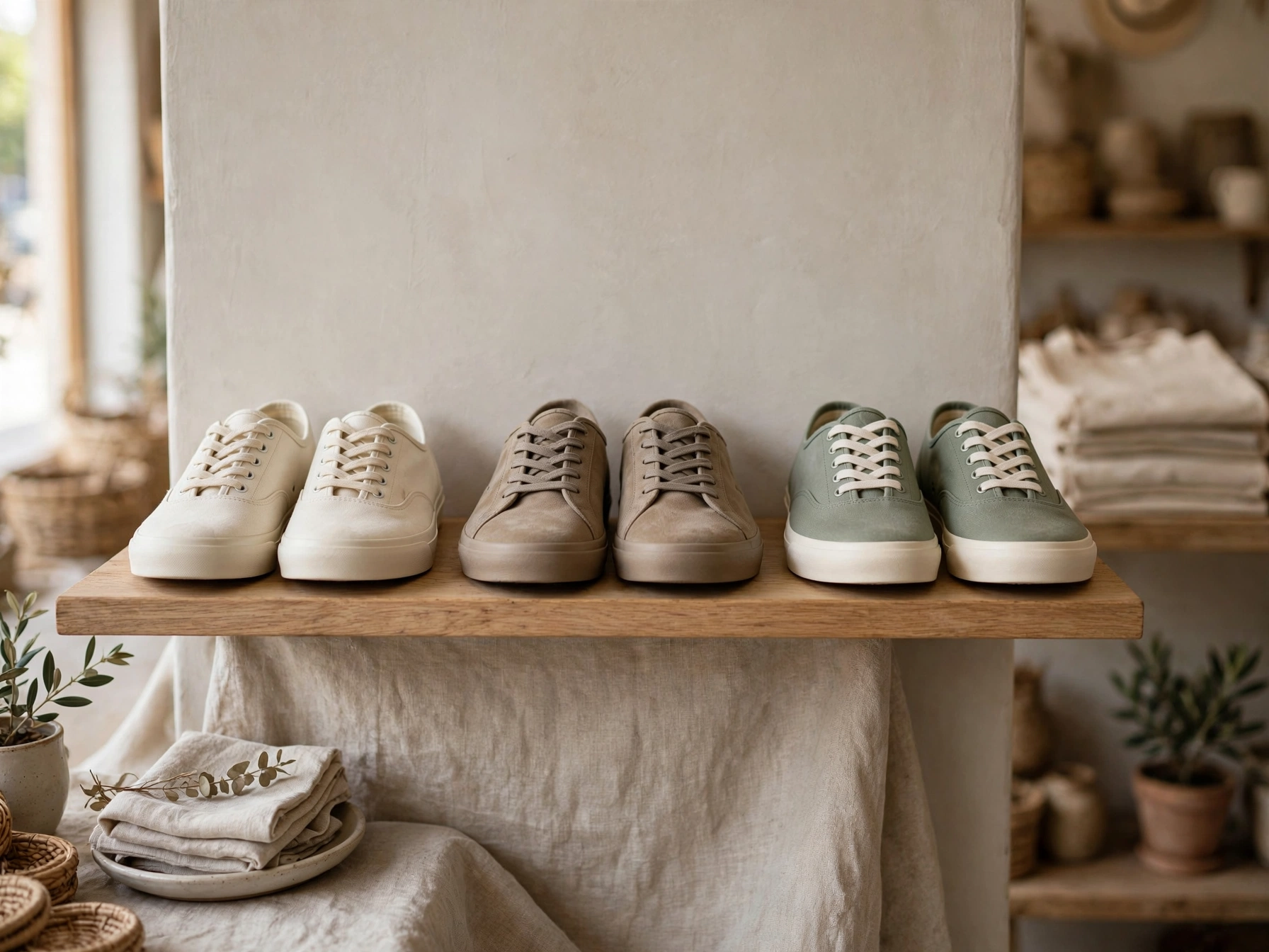Sneaker ohne Markenlogo auf einem neutralen Regal in einem unabhängigen Laden, redaktionelle Produktfotografie
