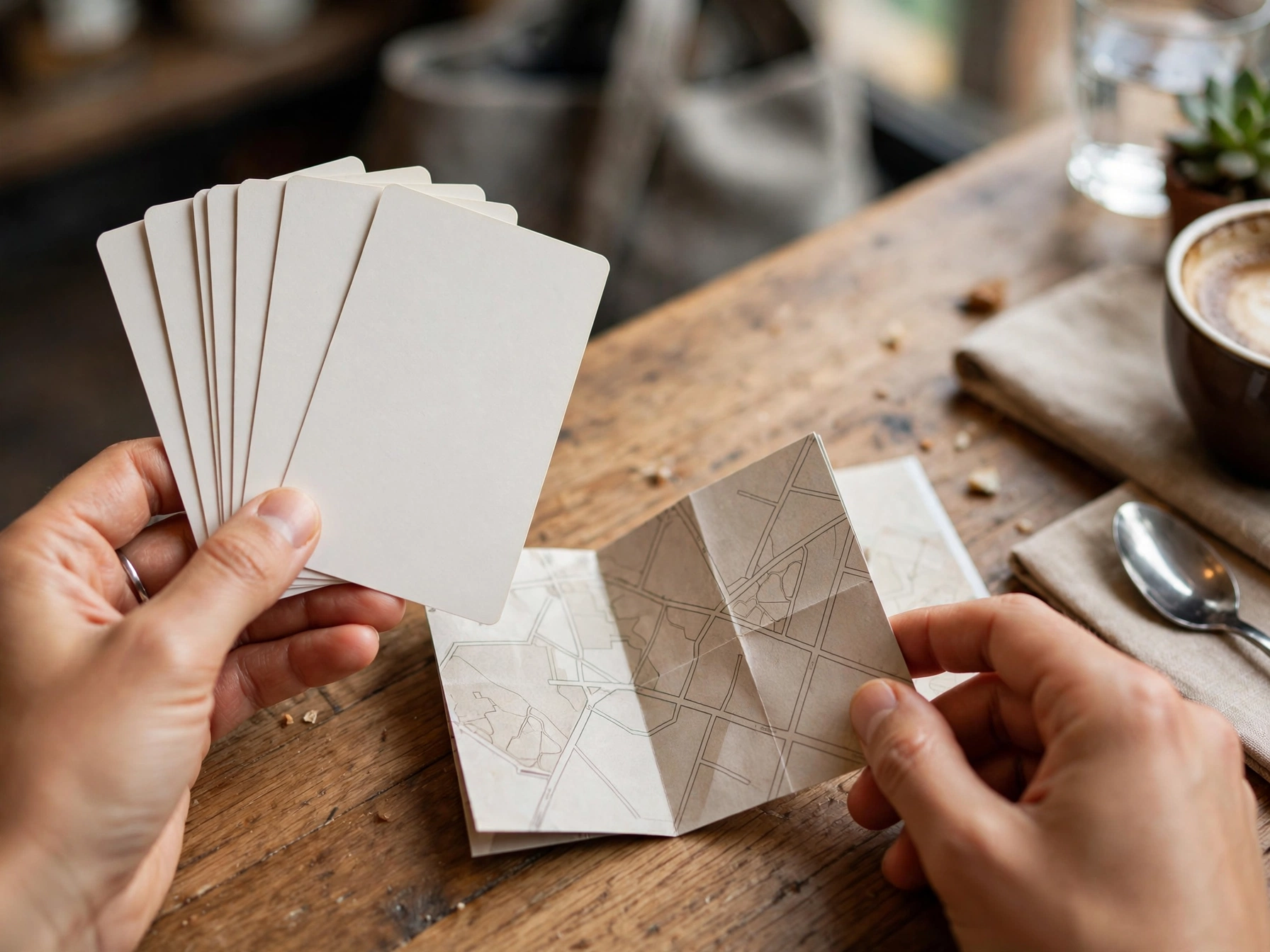 Hände vergleichen leere Abholkarten und eine kleine Papierkarte auf einem Cafétisch