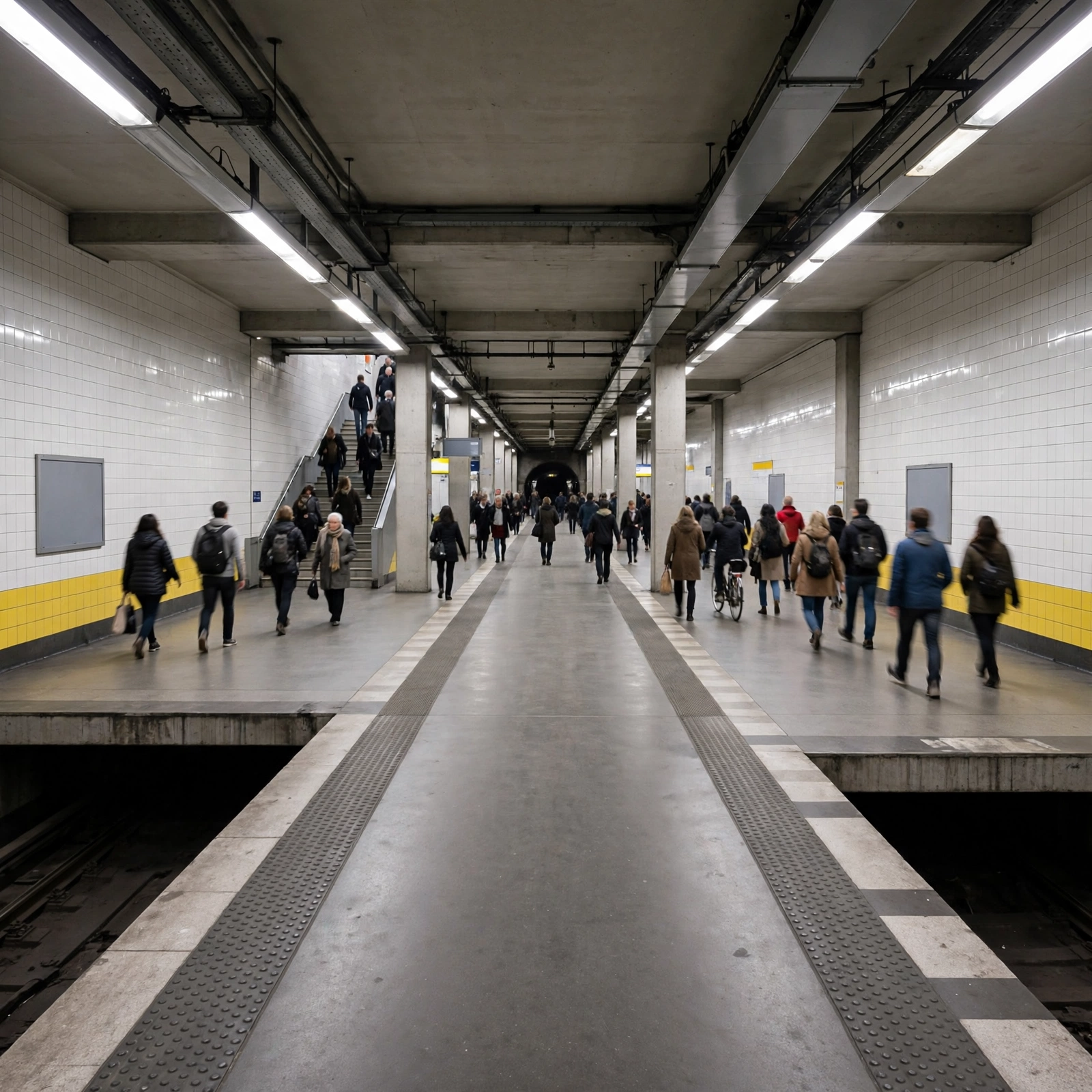 Berliner U-Bahn-Bahnsteig aus der Ferne, Pendler laufen, keine Logos oder lesbare Beschilderung